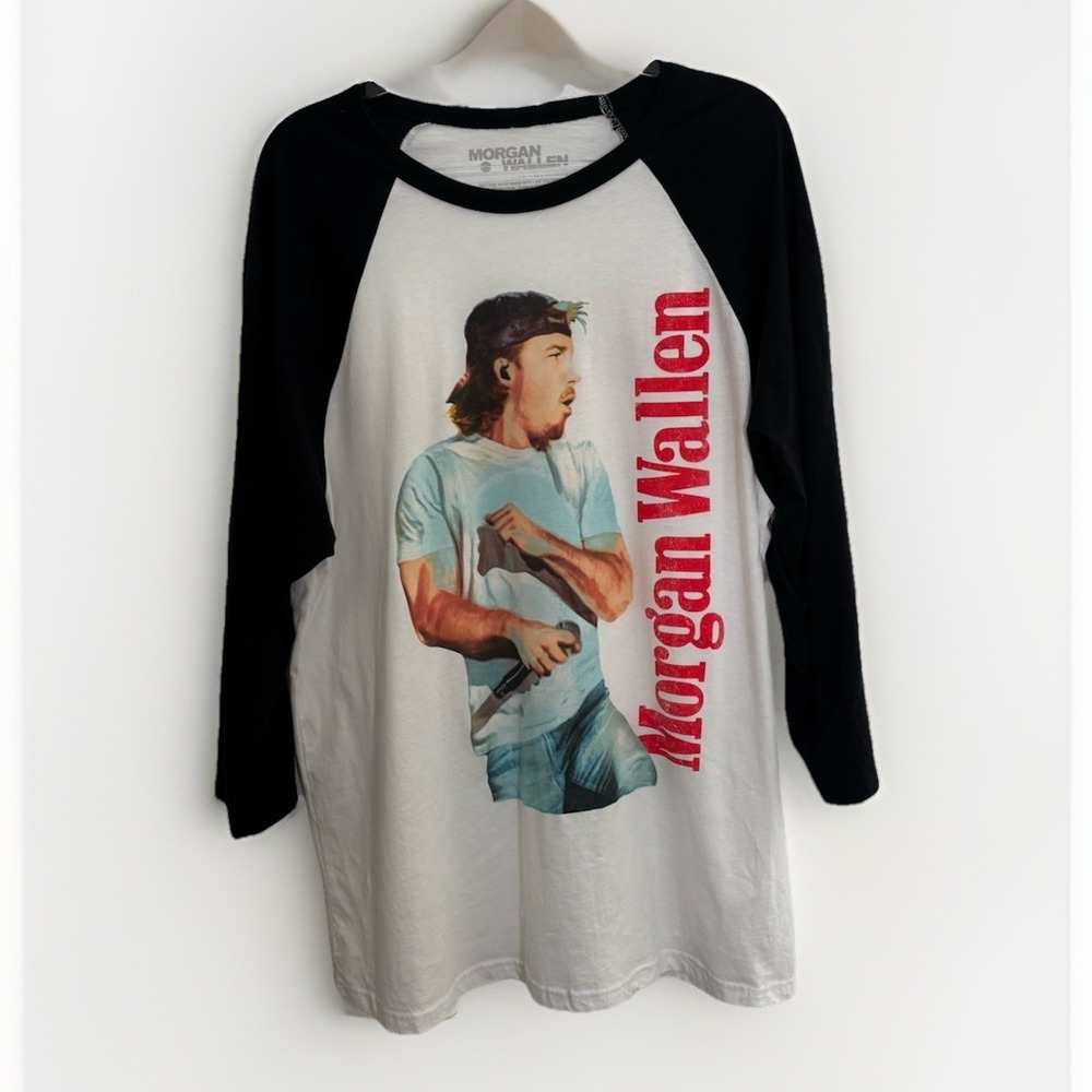 Morgan Wallen XL White Raglan T-Shirt 3/4 Black Sleeve Cotton Blend‎ Concert